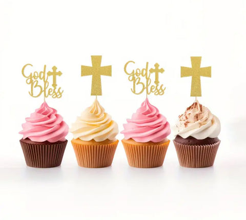 Christening Cupcake Toppers - God Bless & Crosses in Gold