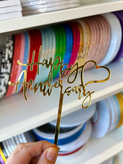 Gold Happy Anniversary with Heart Acrylic Topper