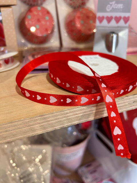 Red Ribbon with Hearts 10mm