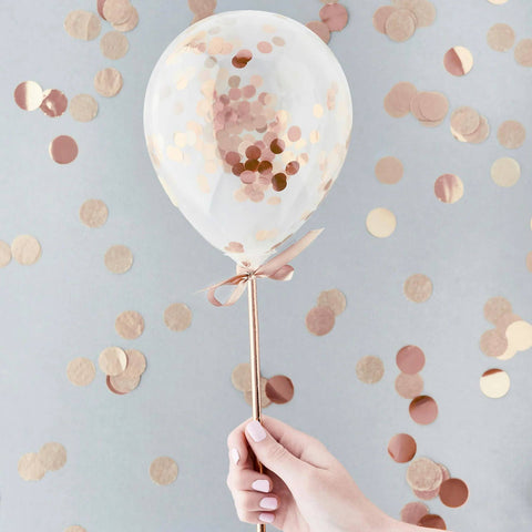 Rose Gold Mini Confett Filled 5" Latex Balloons Wands 5 Pack